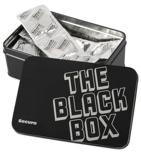 Černé kondomy s výstupky v plechovce Secura The Black Box 50 ks