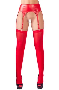 Červený wetlook podvazkový pás s punčochami NO:XQSE