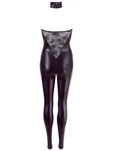Lesklý černý catsuit s krajkou a zipem v rozkroku Cottelli Collection