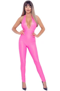 Neonově růžový lakovaný sexy catsuit s odhalenými zády Cottelli Collection