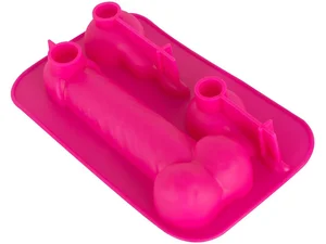 Růžová silikonová forma ve tvaru penisu a spermií