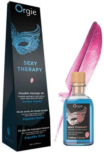 Slíbatelný masážní olej + peříčko Sexy Therapy Cotton Candy Orgie